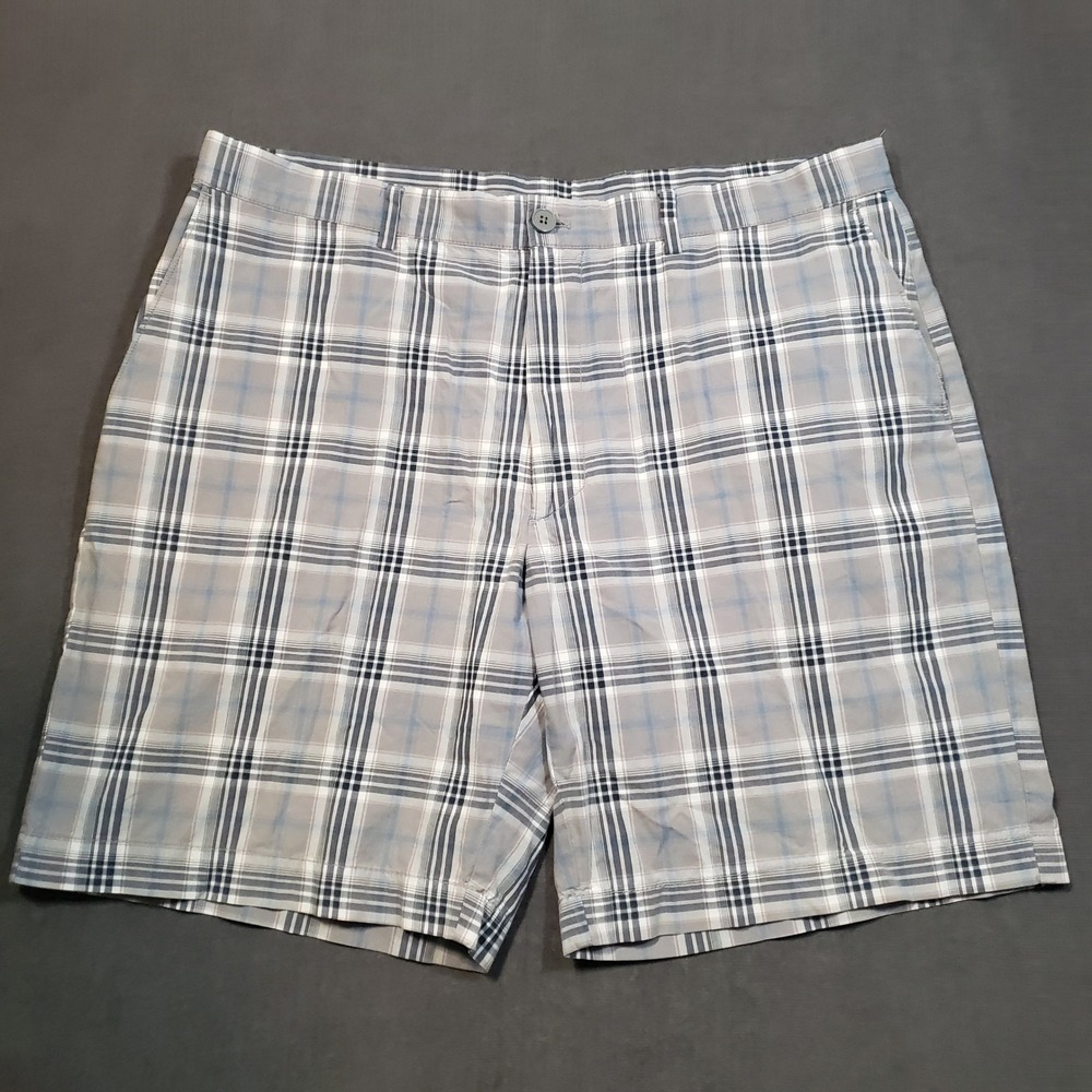 Savane Shorts Mens 38 Grey Blue Plaid Flat Front 100% Cotton Casual Walking